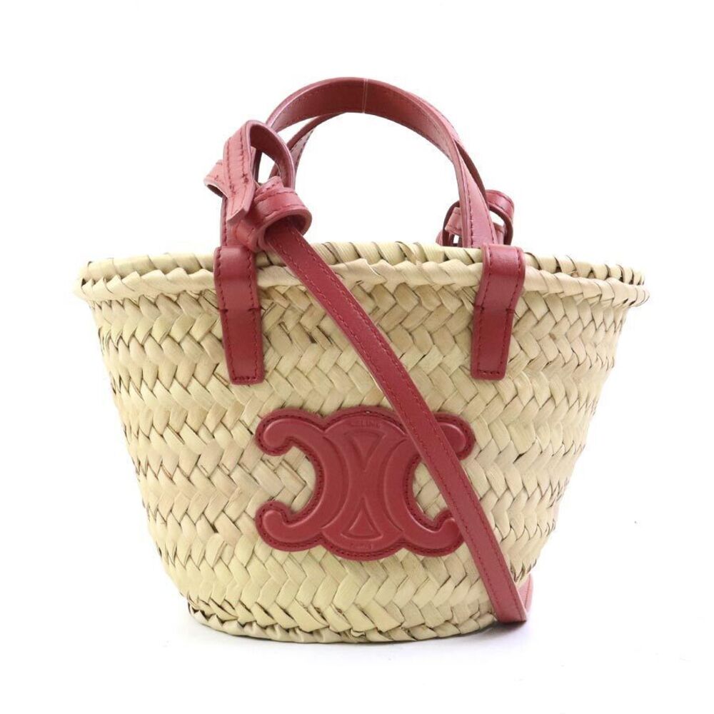 Celine Shoulder Bag Basket Triomphe Panier Straw Tan Leather Pink